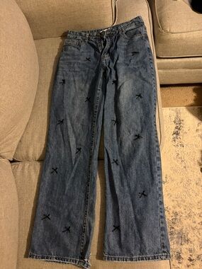 Dark Blue Straight-Leg Jeans with black bows